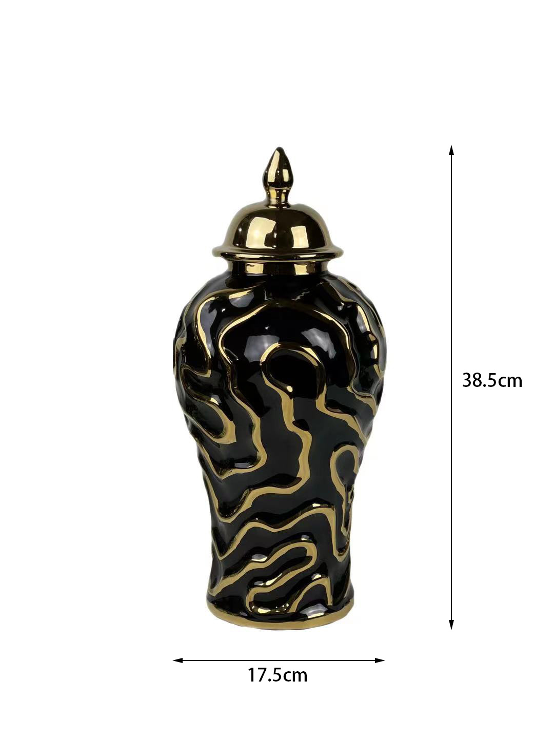 European-Style Ceramic Hat-Covered Jar Vase Entrance Decoration Golden Decoration Light Luxury Crafts Wave Pattern Electroplating Black and White Jar