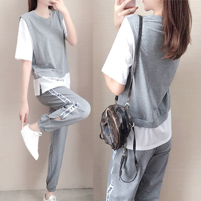 sm9260欧美女装时尚休闲n**e印花圆领口袋宽松t恤短裤运动两件套fcq