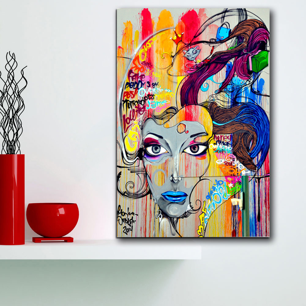 现代简约单幅彩色涂鸦女人 喷绘画 创意沙发背景墙装饰画家居挂画