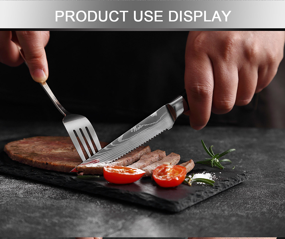 西餐牛扒刀 跨境电商餐刀大马士革花纹不锈钢锯齿刀牛排刀锋利