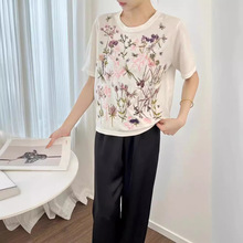 高定24夏季新款重工植物花卉刺绣设计感时尚优雅薄针织短袖T恤女
