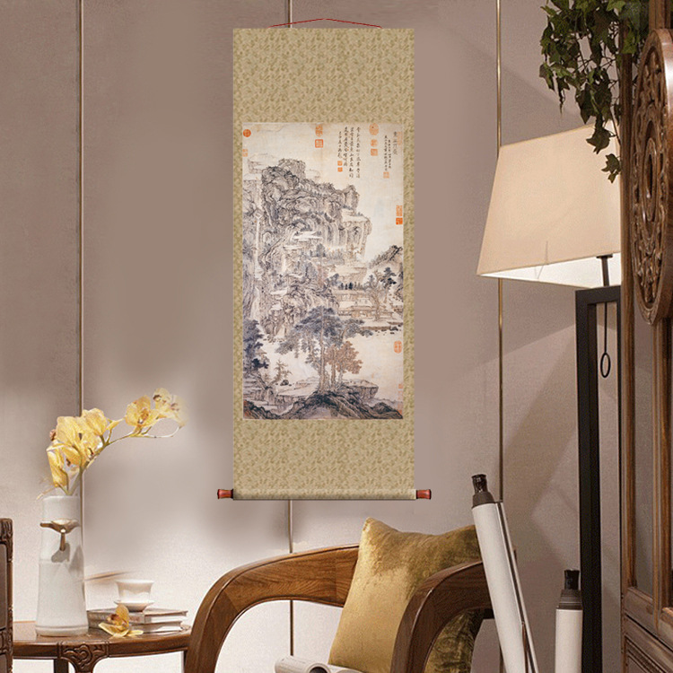 元王蒙东山草堂图挂轴条幅卷轴山水画名画真迹复制品玄关书房挂画