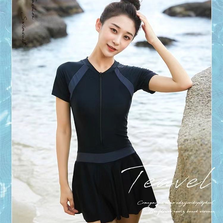 Summer New One-Piece Color Contrast Patchwork Swimsuit Student Skirt Conservative Swimwear One-Piece Swimsuit with Chest Pad Wholesale