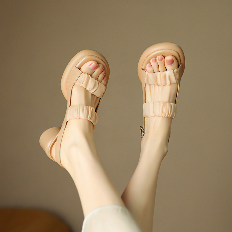 韩版温柔优雅一字带褶皱牛皮高跟鞋圆头露趾防水台厚底粗跟凉鞋女