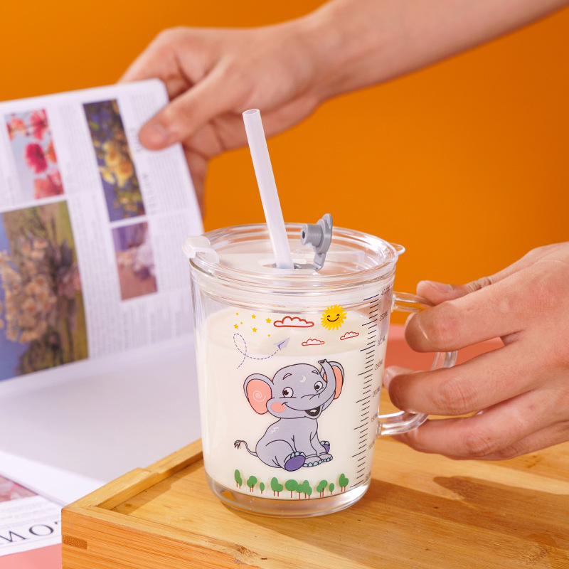 Cartoon Glass Cup Cup with Straw Household Children Milk Water Glass 400ml with Handle Scaled Cup Cup