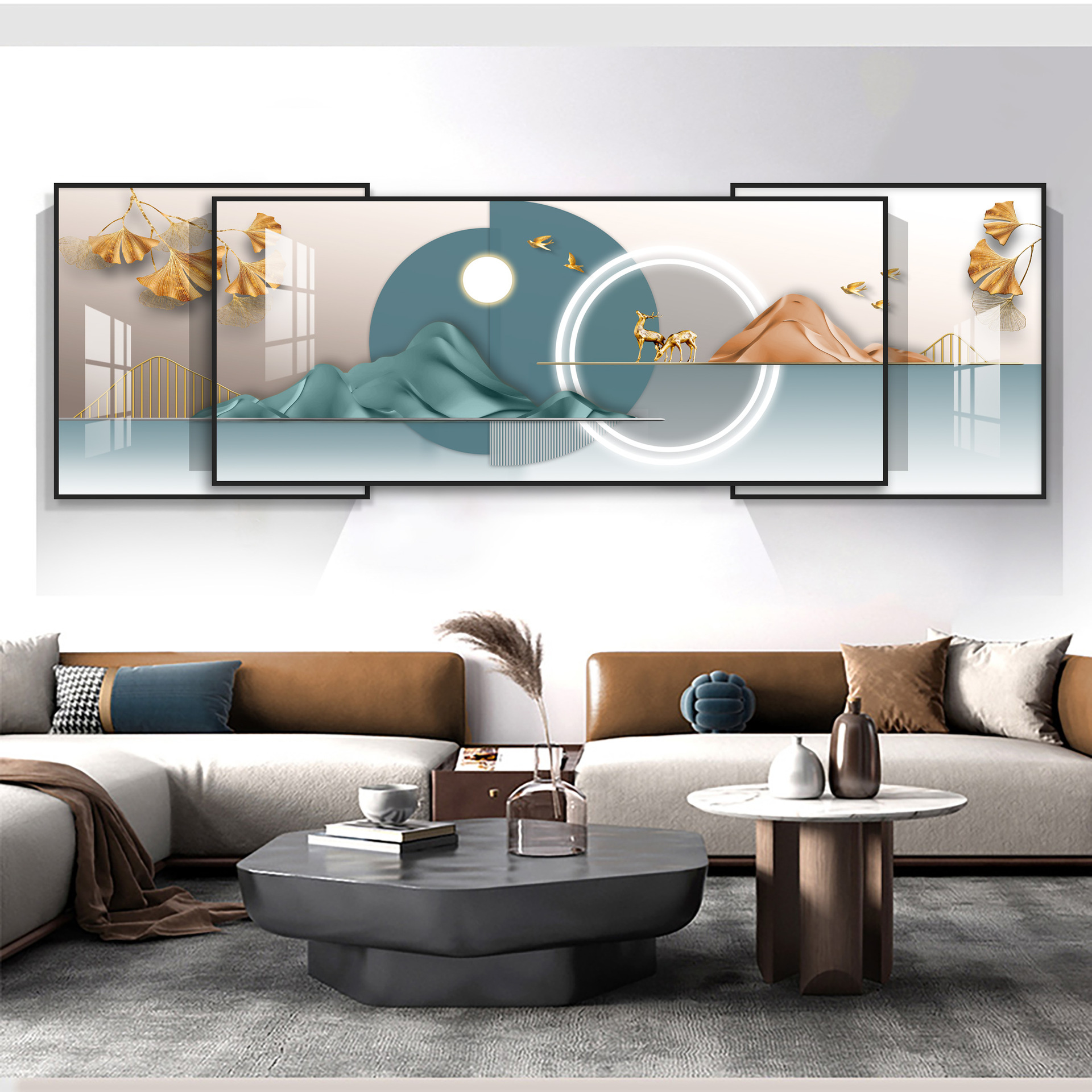 轻奢北欧装饰画客厅装饰画时尚简约壁画沙发背景画三叠加画晶瓷画