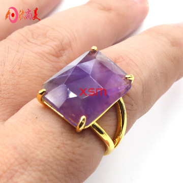 个性时尚新品天然水晶石长方形切面戒指男女生简约可调节女士戒指