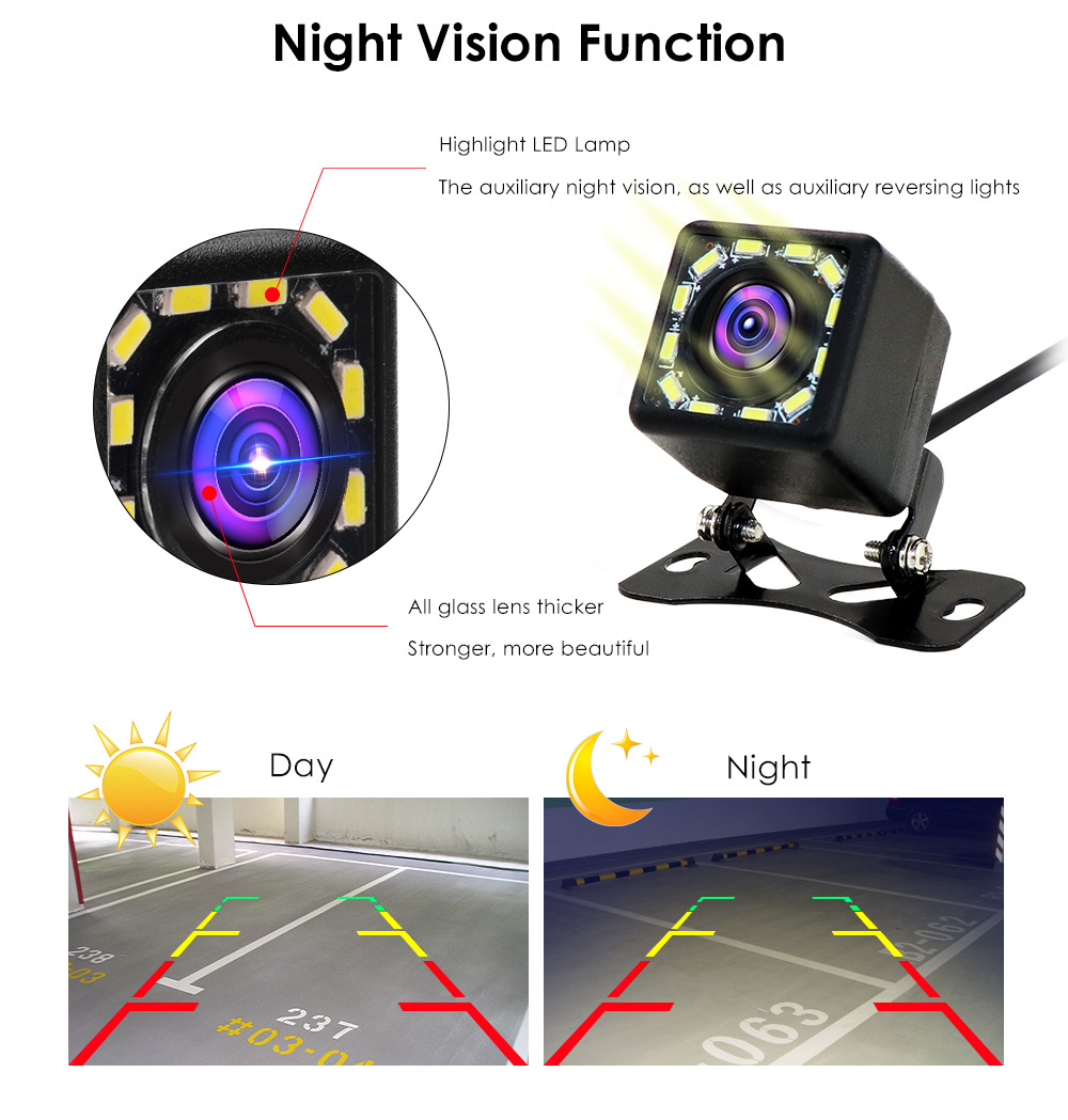 Cross-Border Wholesale Car CCD Rear-View Camera Reversing Image Night Vision 12led Light Car Camera Spot