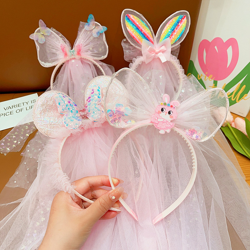 Children Luminous Headband Girls Flashing Light Rabbit Ears Princess Headband Sweet Gauze Hairpin Little Girl Veil Hair Accessories