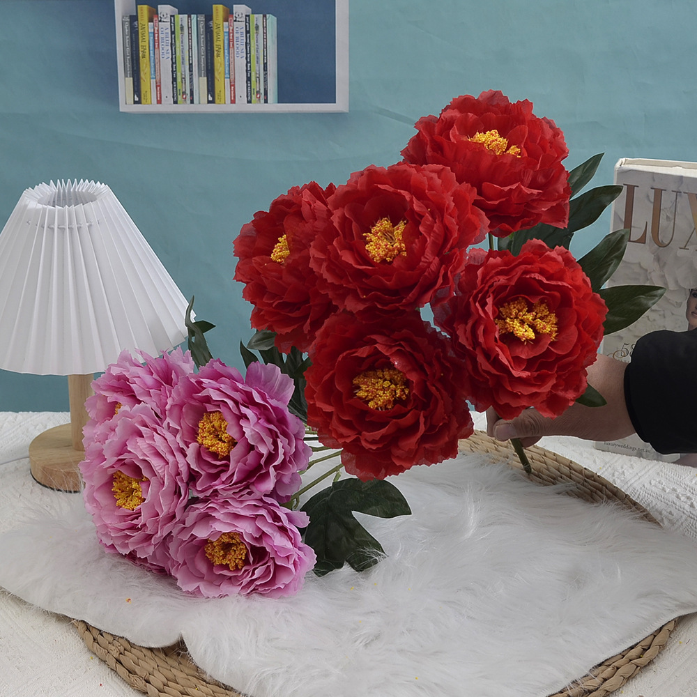 5-Head Simulation Big Peony Rich Peony Simulation Fake Flower and Decorative Flower Home Decoration Dried Flower Living Room Floor Silk Flower