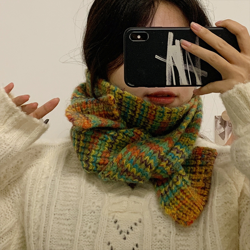 混编撞色针织围巾毛线女冬季韩系加厚保暖毛线围脖学院风学生情侣