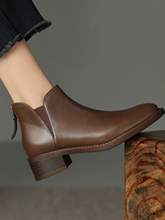 棕色复古切尔西靴秋冬季真皮粗跟短靴女单靴百搭中跟后拉链及裸靴