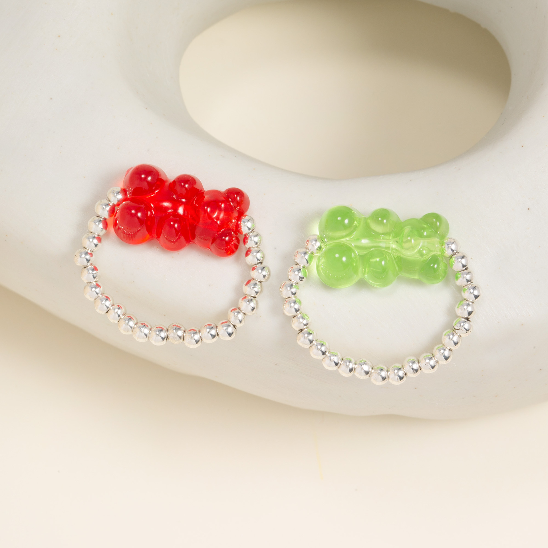 Japanese and Korean Style Colorful Girl Heart Transparent Gummy Bear Silver Beaded Ring Elastic Ins Niche Advanced Ring