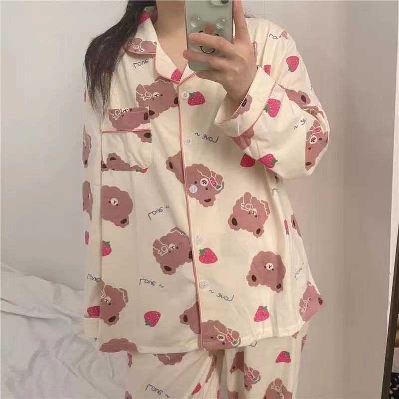 Strawberry Bear Pink Pajamas Women's Spring, Autumn and Winter Loose and Cute Cartoon Long Sleeve Trousers Home Wear Two-Piece Suit