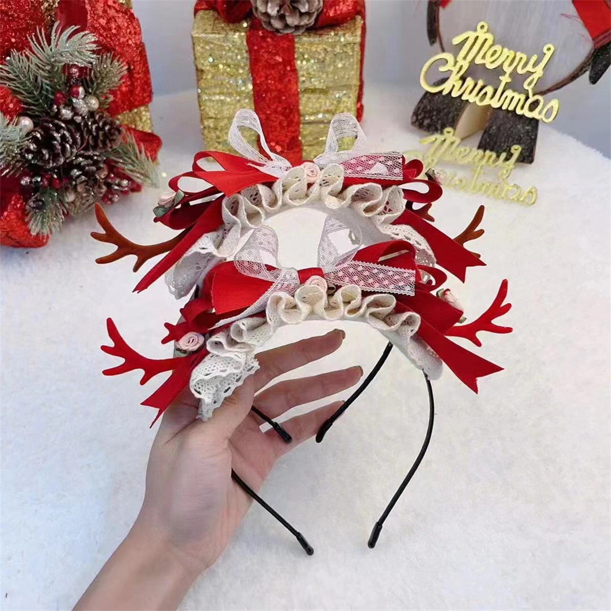 新款圣诞节洛丽塔大鹿角发饰发卡超仙可爱头箍成人儿童头饰森女系