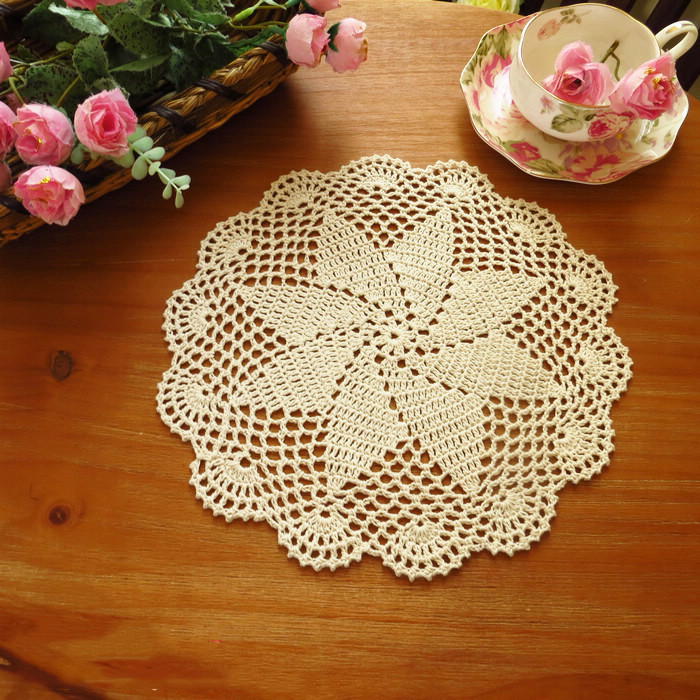 纯手工钩针钩花盘垫纯棉蕾丝编织怀旧复古装饰隔热垫圆桌垫米白色