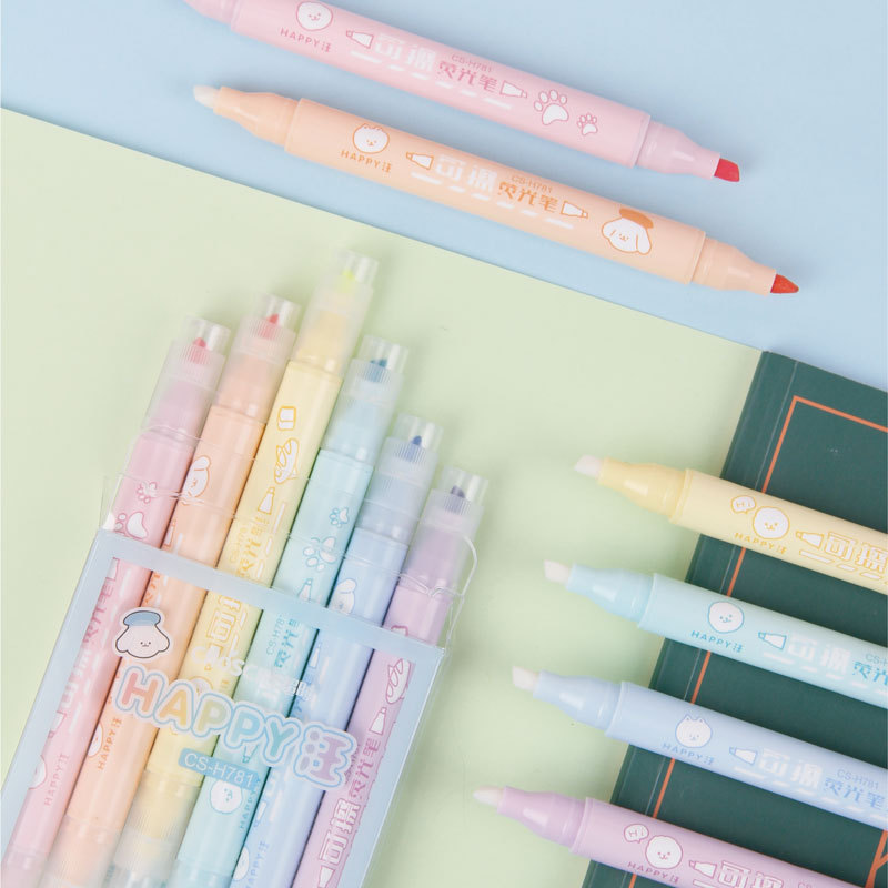 Timeout H581 Erasable Double-Headed Fluorescent Pen Macaron Color Student Notes Key Points Cute Fluorescent Pen 6 Colors