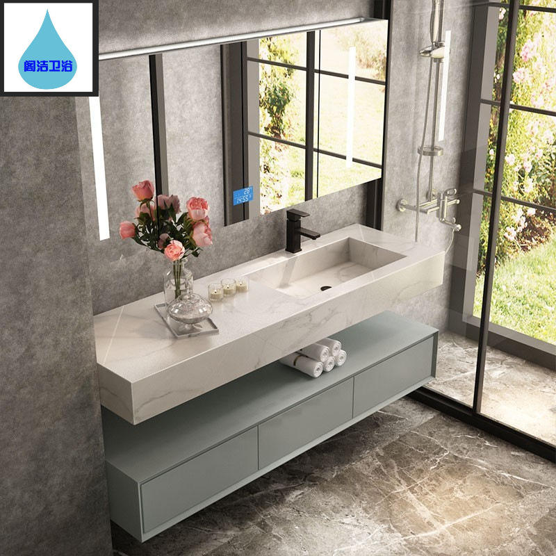 岩板一体盆浴室柜组合卫生间实木烤漆轻奢智能洗手台盆双层洗手柜