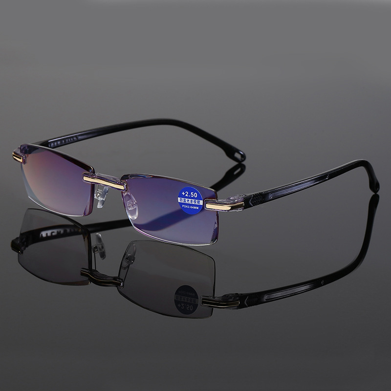 2022 New Frameless Diamond Rimmed Reading Glasses Anti Blue Light Blue Tape One Men Presbyopic Glasses Wholesale Metal