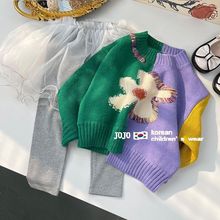 韩国童装女童毛衣针织衫2022秋装新款洋气花朵套头衫儿童拼色上衣