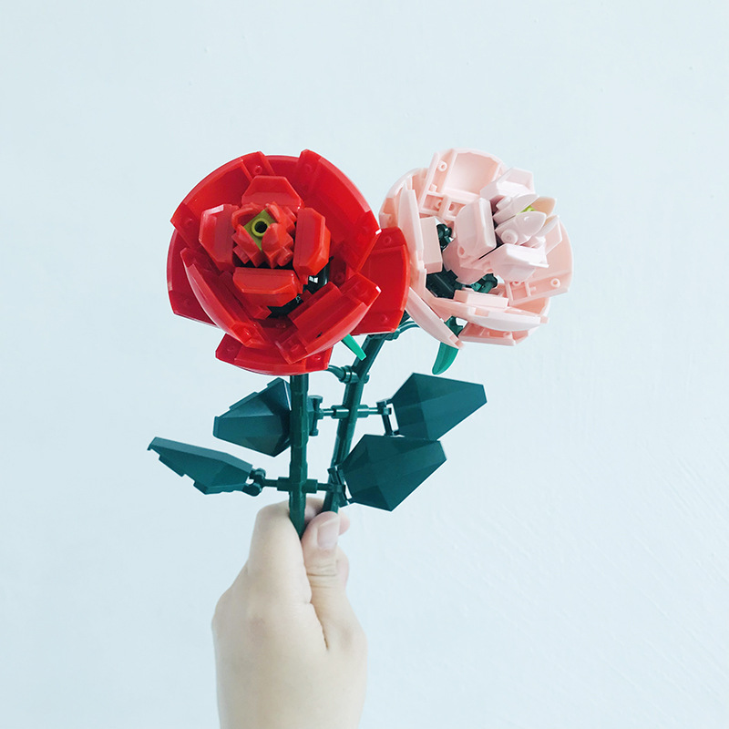 兼容乐高粉玫瑰积木花束 益智diy情人节礼物红色积木玫瑰地摊批发