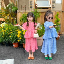 童套装2024夏款韩版女童褶皱短袖半身裙两件套儿童休闲潮范姐妹装
