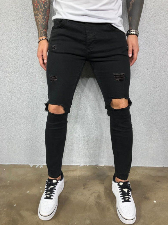 European and American Aliexpress New Denim Men's Pants Cross-Border Foreign Trade Ripped Trendy Black Slim Denim Skinny Pants Men