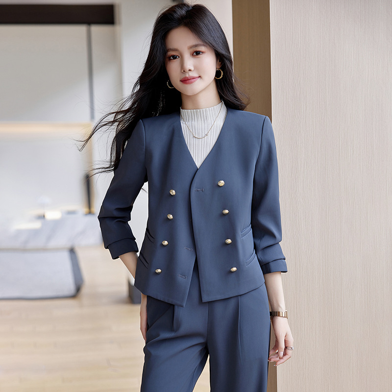 双排扣春秋新款长袖小西服外套职业女装时尚高级感休闲工作服套装