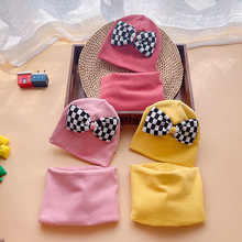秋冬季透气女宝宝帽子围巾套装棉质蝴蝶结女儿童针织帽围脖两件套