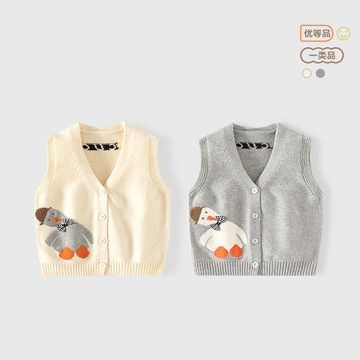 a类宝宝马甲秋季新款婴儿针织毛衣背心开衫刺绣纯色儿童棉马甲