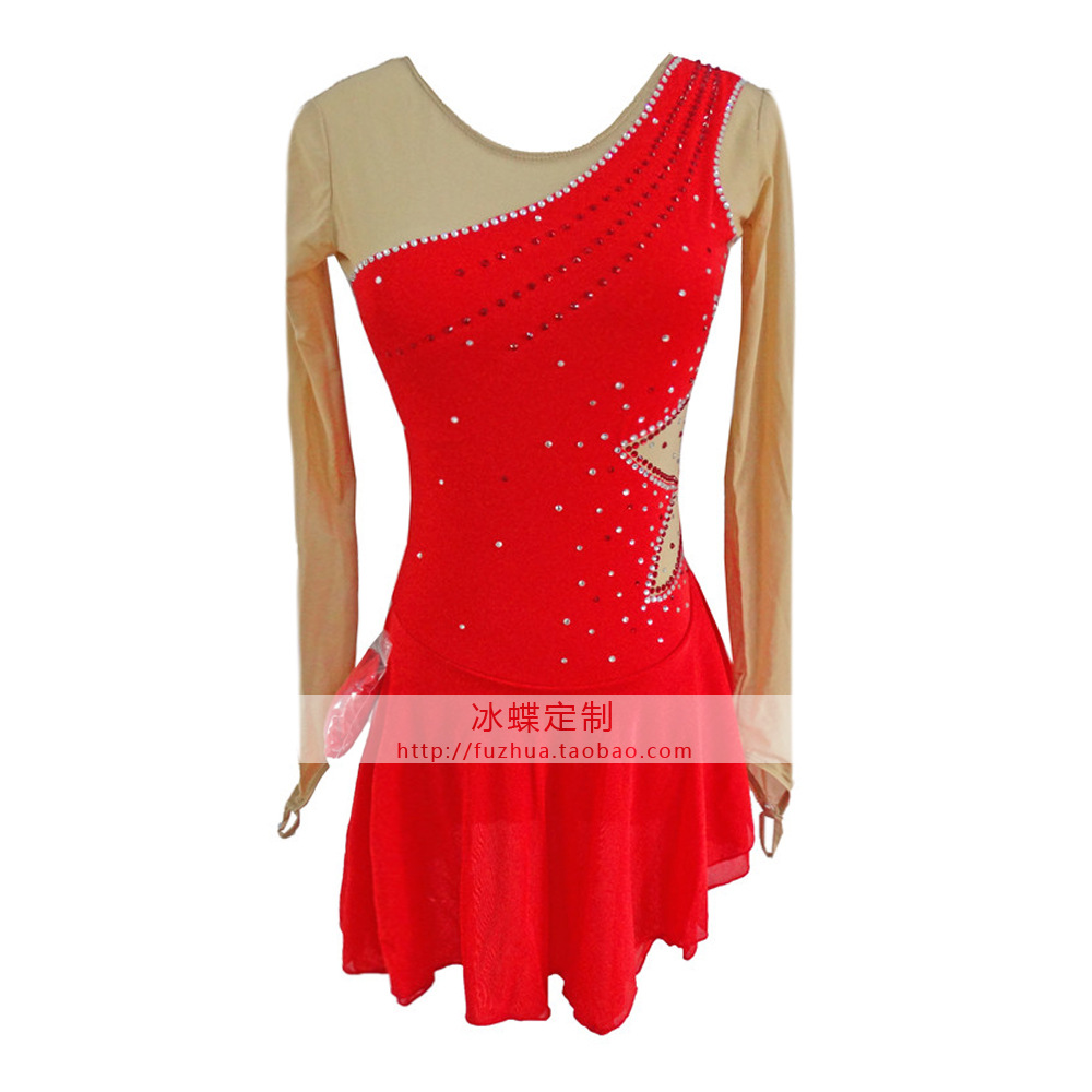 liuhuo花样滑冰服表演服溜冰裙成人儿童女士比赛裙红色bd595
