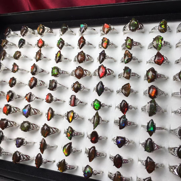 斑彩螺化裸石镶嵌戒指 火彩十足超炫 款式丰富 五颜六色 跨境