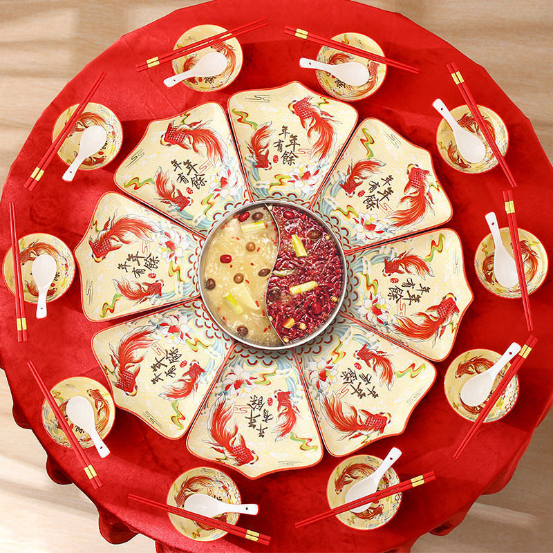 Net Red Ceramic Plate Tableware Combination New Year Reunion New Year's Eve Dinner Chinese Fan-Shaped Plate Creative Bowls and Dishes Set Home