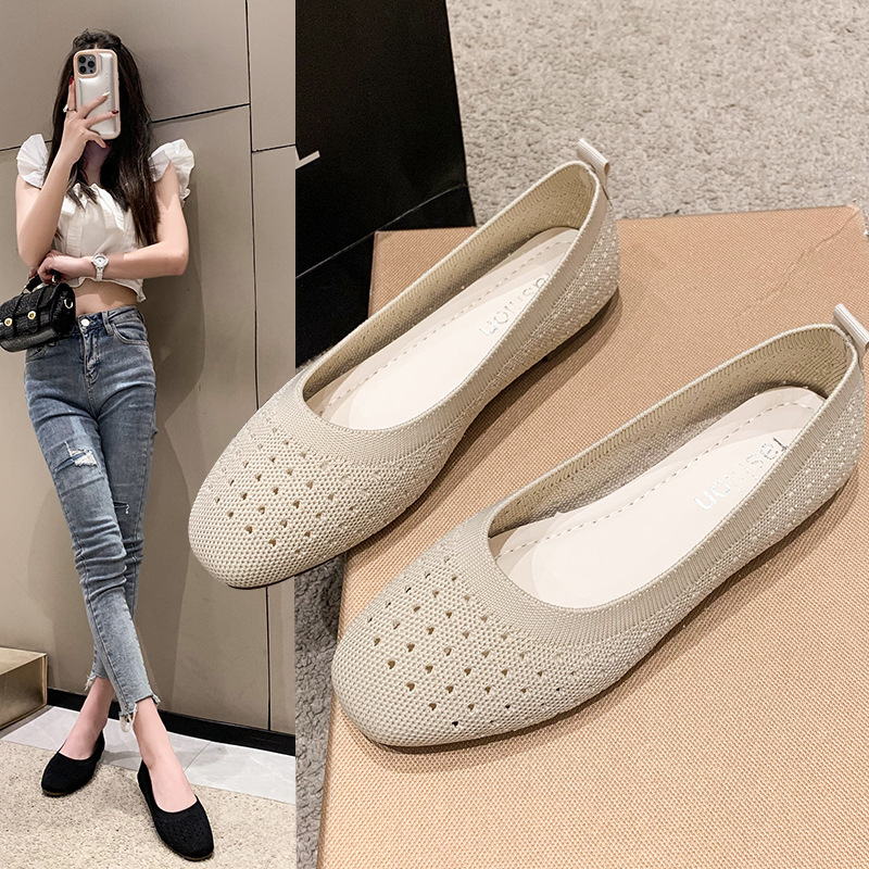 网布方头奶奶鞋女2023新款软底镂空浅口休闲瓢鞋针织平底飞织单鞋