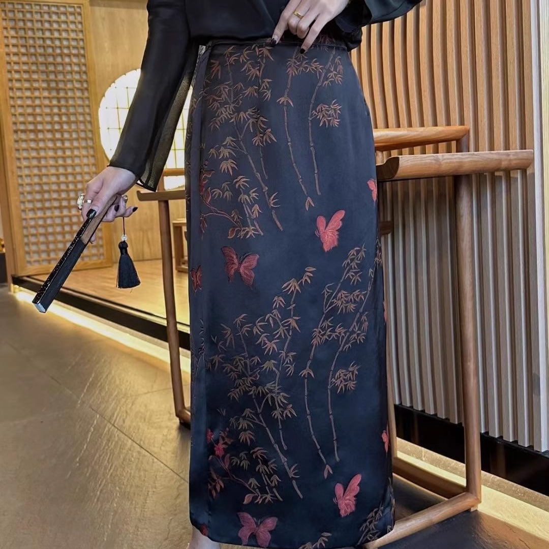 复古中式国风人丝香云纱提花半身裙女高腰包臀显瘦中长裙-阿里巴巴