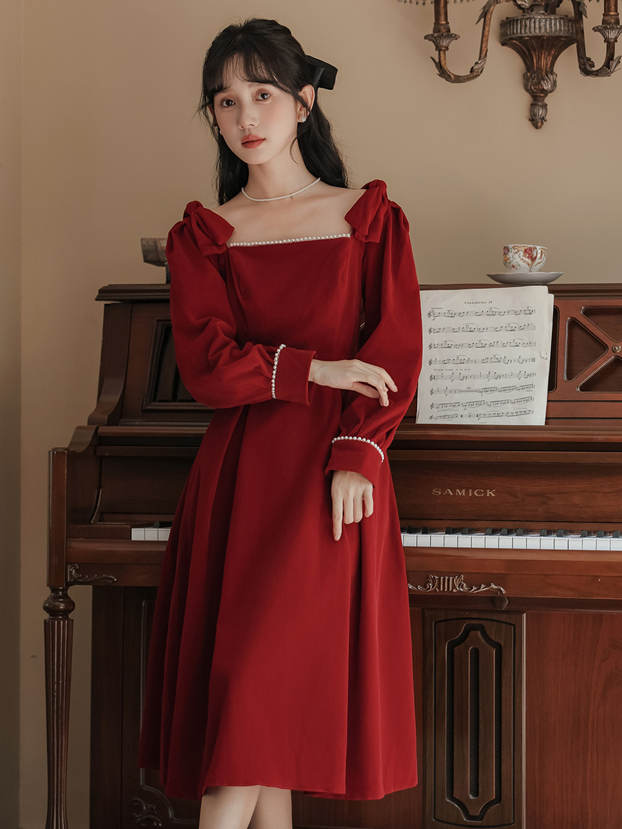 女装2024新款敬酒服小个子新娘订婚连衣裙红色礼服裙秋冬回门长袖