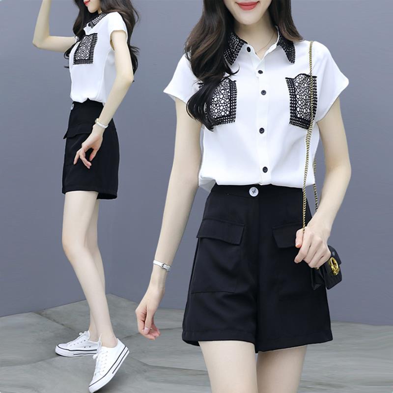 套装女夏2021新款网红洋气减龄时尚显瘦短裤气质雪纺两件套裤装