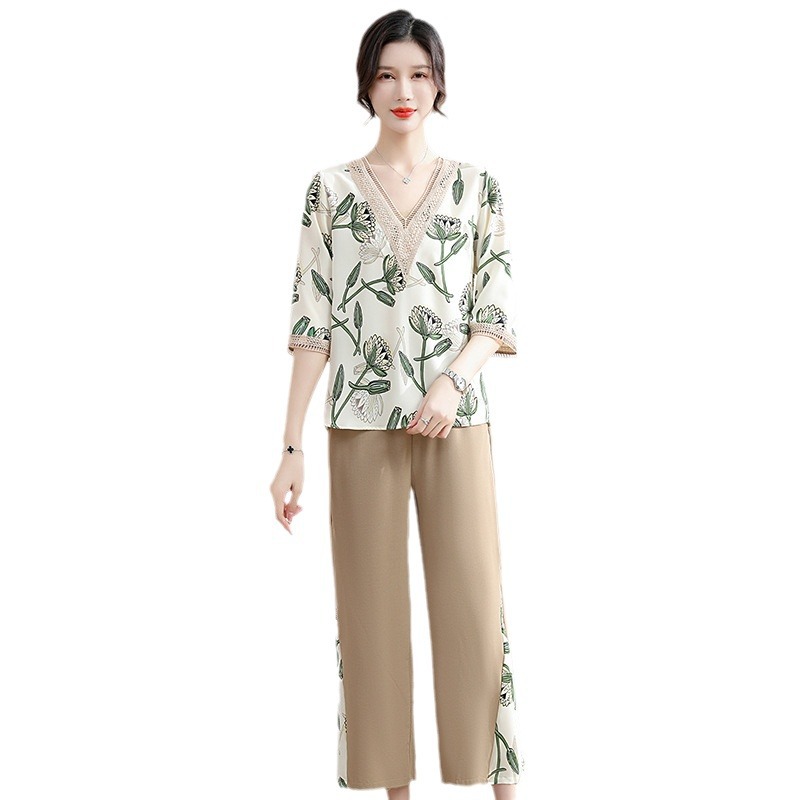 Young Mother Fashion Suit Western Temperament Middle-Aged and Elderly Women Summer Cropped Sleeves Chiffon Top Old Women Summer Wear