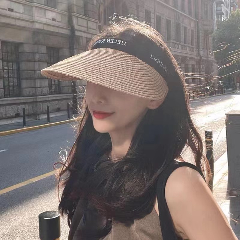 Sun Hat Summer Straw Knitted Peaked Cap Topless Hat Women's Beach Casual Sun-Proof Sun-Proof Non-Top Breathable Hairband Hat Straw Hat