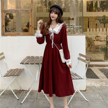 新款圣诞节秋冬季法式裙子女装红色收腰显瘦长袖赫本风连衣裙大码