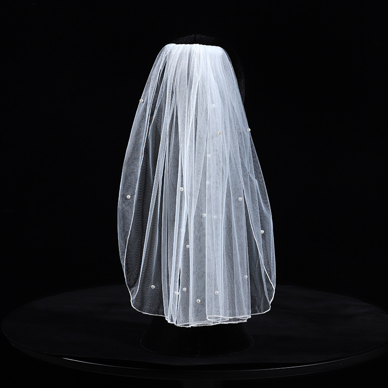 头纱新娘主婚纱头饰短款珍珠点缀素纱简约森系结婚旅拍照摄影发饰