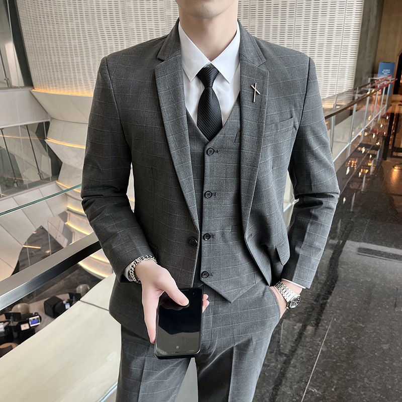 西服套装男三件套修身西装伴郎服结婚礼服成人礼毕业照格纹帅气潮