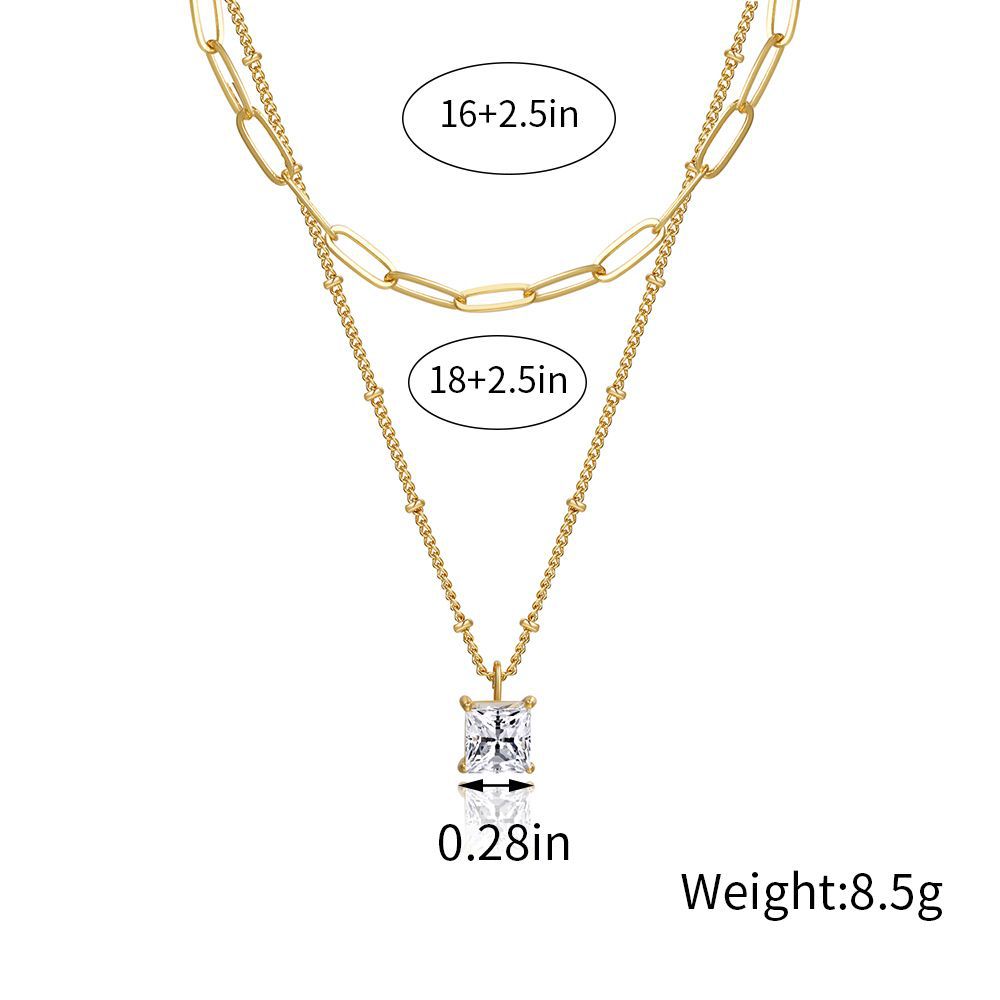 New Cross-Border Amazon Hot Sale Dual-Tier and Detachable Square Zircon Necklace Simple Color Retention Gold Necklace Suit