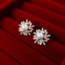 甜美锆石珍珠花朵925银针耳钉真金电镀时尚轻奢气质高级感耳环女