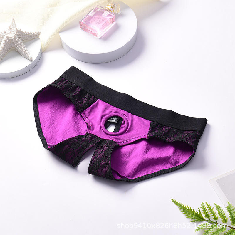 定制情趣内衣紫色蕾丝穿戴裤女同拉拉les带洞可装假阳具成人用品
