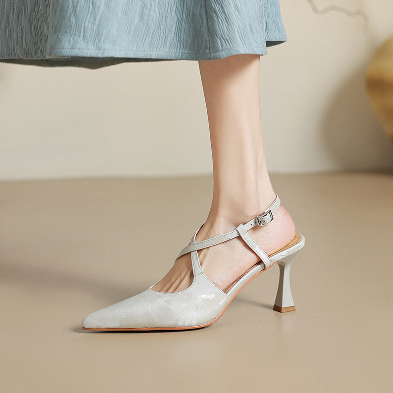 韩版气质性感头层牛皮交叉带尖头高跟鞋包头后空细跟凉鞋女3340码