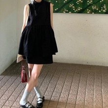 法式茶歇假两件立领无袖背心连衣裙女夏季设计感气质显瘦小黑裙潮