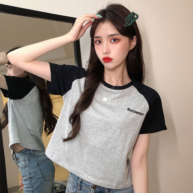 短款恤女韩版宽松新款插肩短袖闺蜜装高腰百搭潮上衣女装