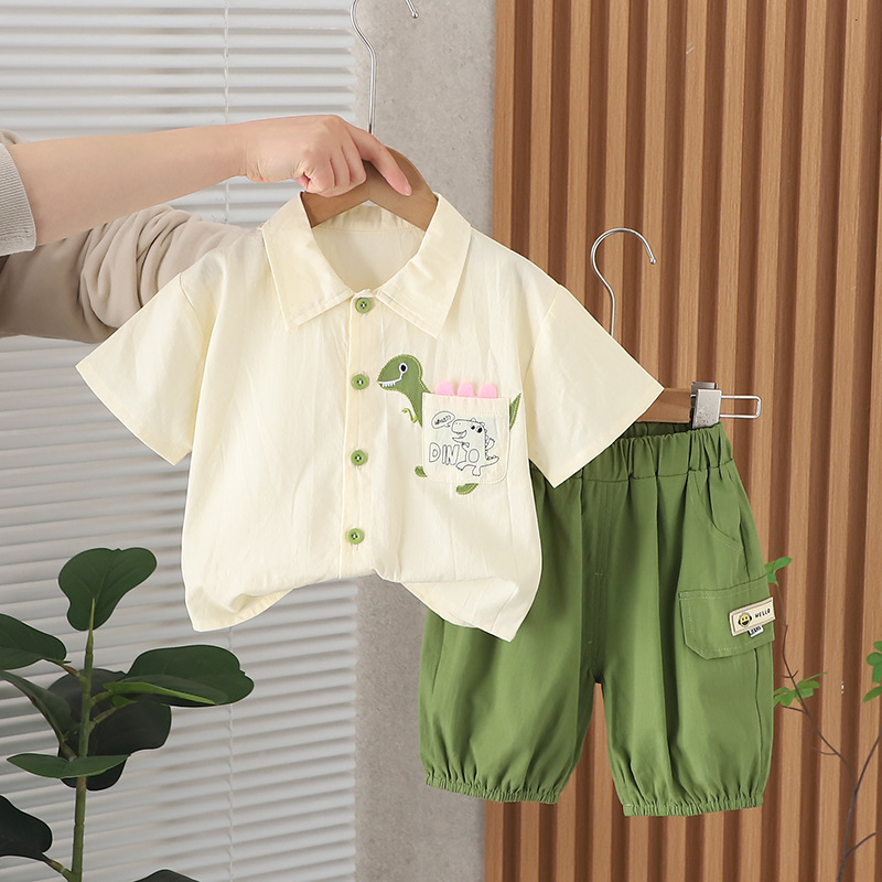 Boys Summer Suit 2024 New Fashionable Korean Style Short-Sleeved Shirt Two-Piece Cartoon Little Children Baby Clothes