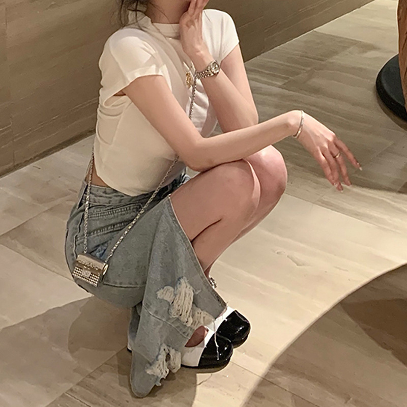 小姐姐 轻熟大姐姐 后背抽绳欲露背华夫格小高领短袖恤女